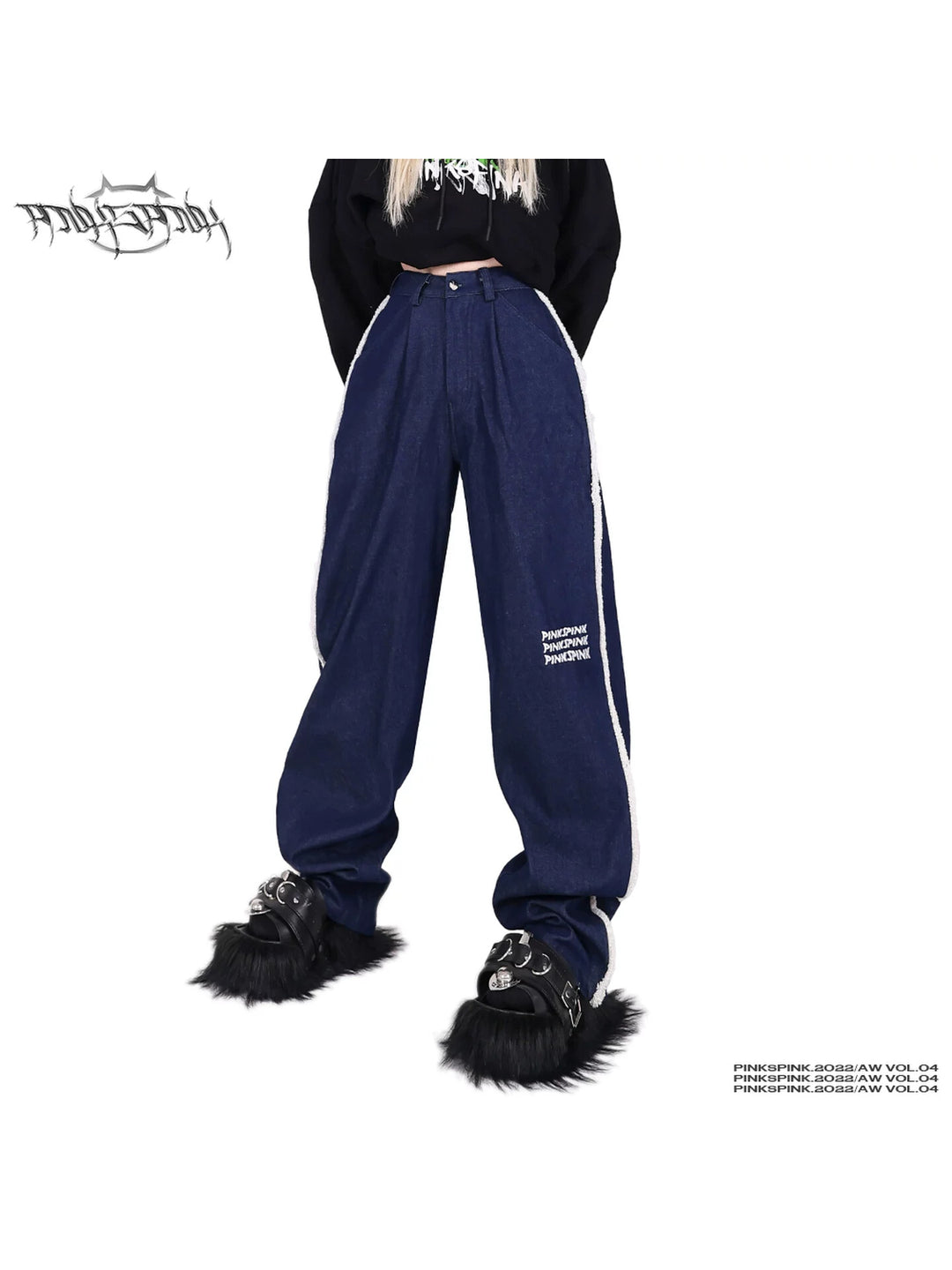 PINKSPINK fleece-striped wide-leg jeans — front waist-to-hem modeled close-up showing white fleece stripes on navy denim
