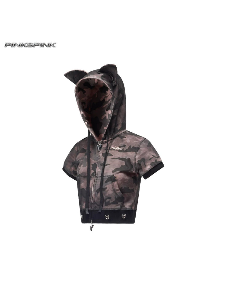 PINKSPINK CATPAW cropped cat-ear zip hoodie — gray-brown camouflage cat-ear zip hoodie, angled product view