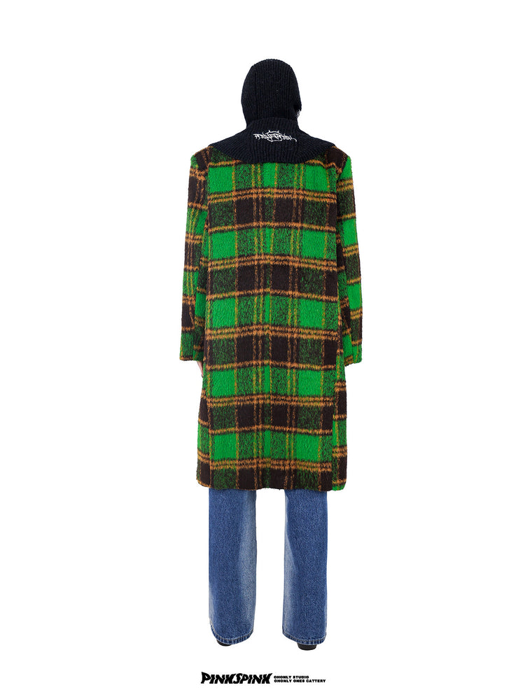 PINKSPINK ELECTRIC THORN embroidered knit balaclava in black — full-length rear modeled view with a green plaid coat