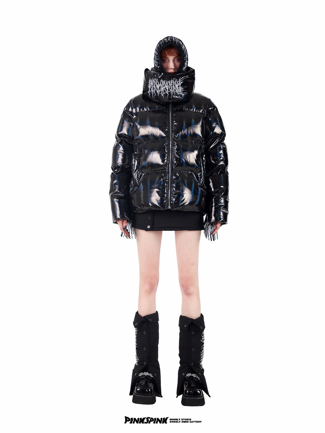 PINKSPINK ELECTRIC THORN embroidered knit balaclava in black — full-length front modeled view with a black puffer