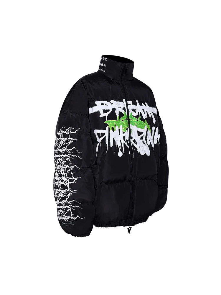 PINKSPINK GRAFFITI oversized padded jacket — front garment-only view showing the asymmetric sleeve graphics