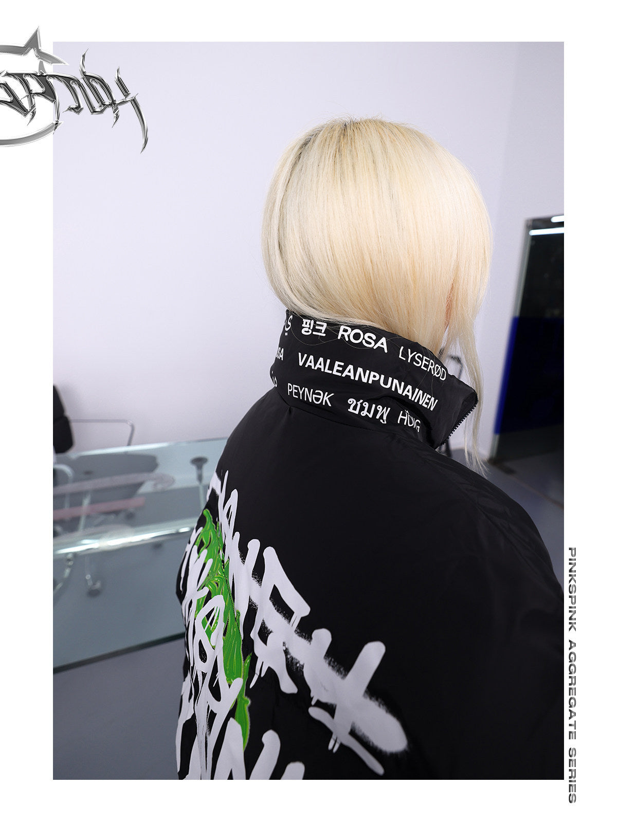 PINKSPINK GRAFFITI oversized padded jacket — close-up of the back collar and original printed fabric lettering