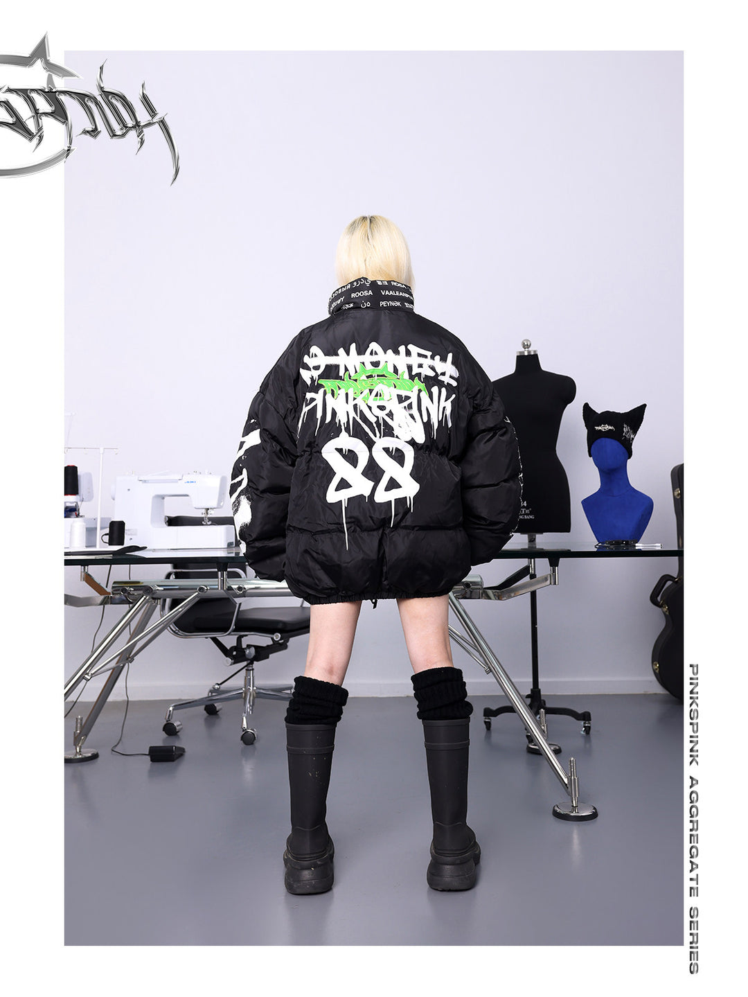 PINKSPINK GRAFFITI oversized padded jacket — back full-length modeled view showing the large white 88 print