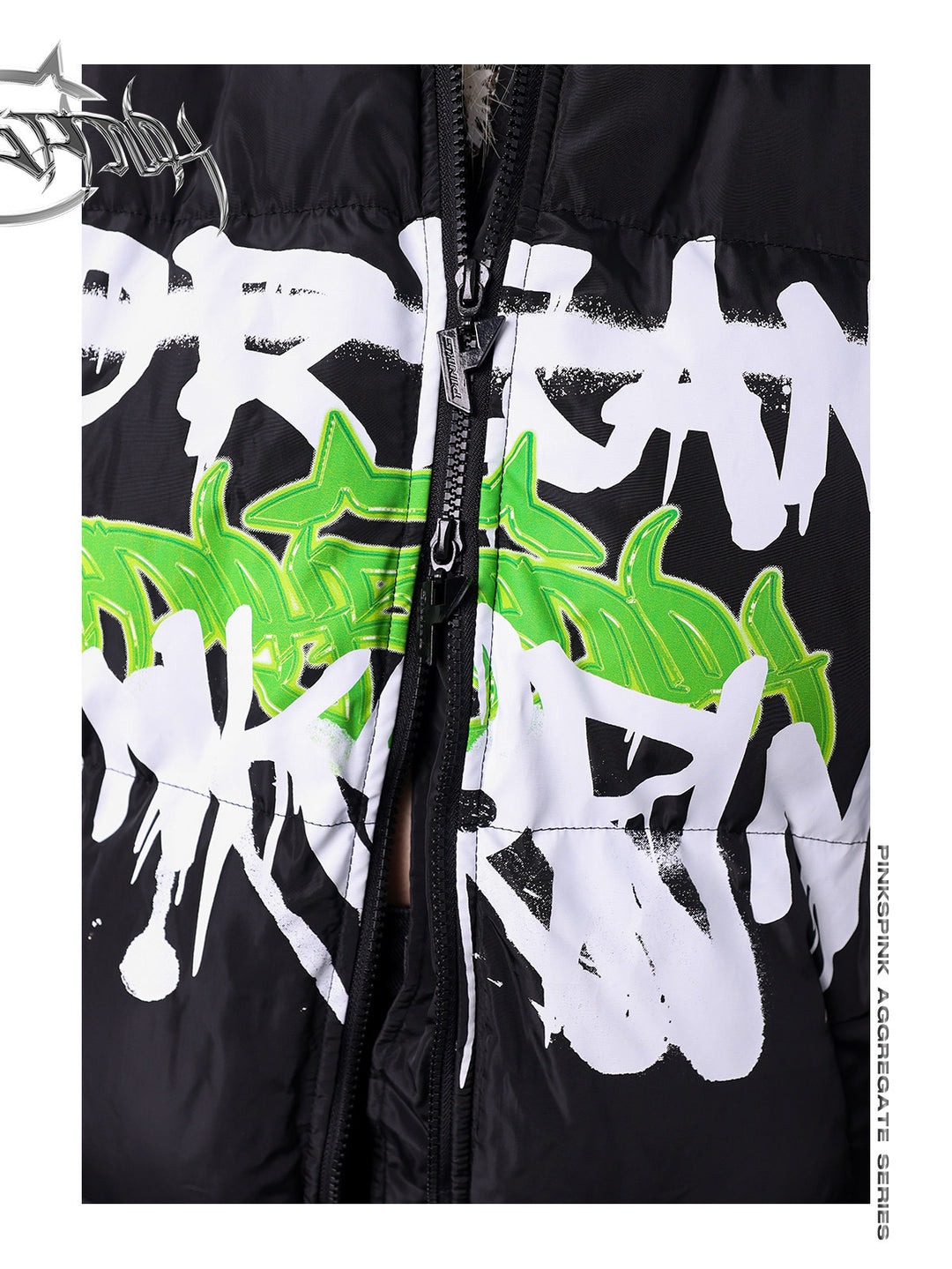 PINKSPINK GRAFFITI oversized padded jacket — close-up of the front graffiti print and zipper