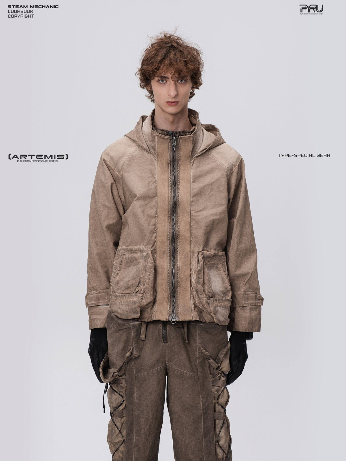STARCORE distressed work jacket in gravel brown — front modeled close-up showing the two-way zipper and layered pockets