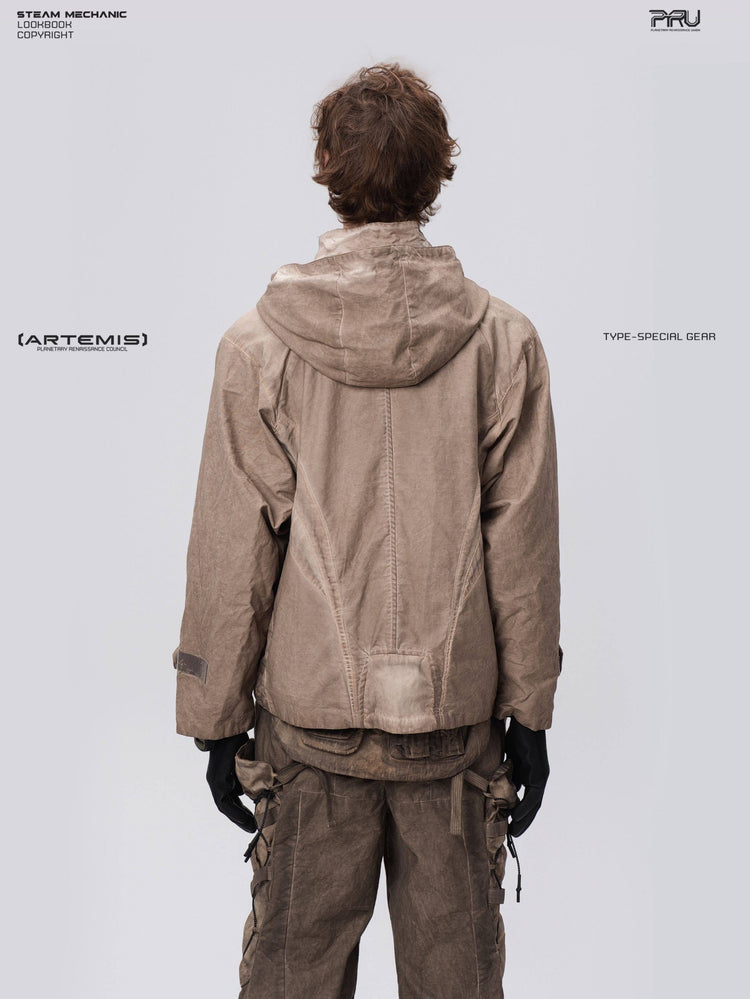 STARCORE distressed work jacket in gravel brown — back modeled close-up showing the hood and geometric panels