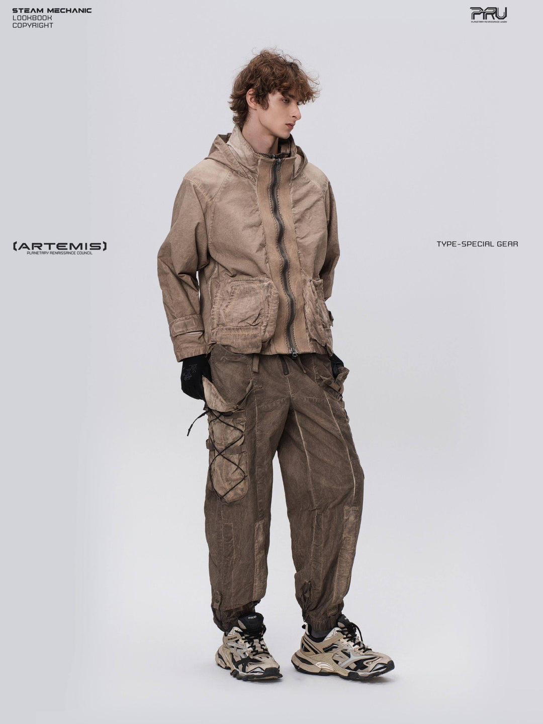 STARCORE distressed work jacket in gravel brown — full-length three-quarter modeled view