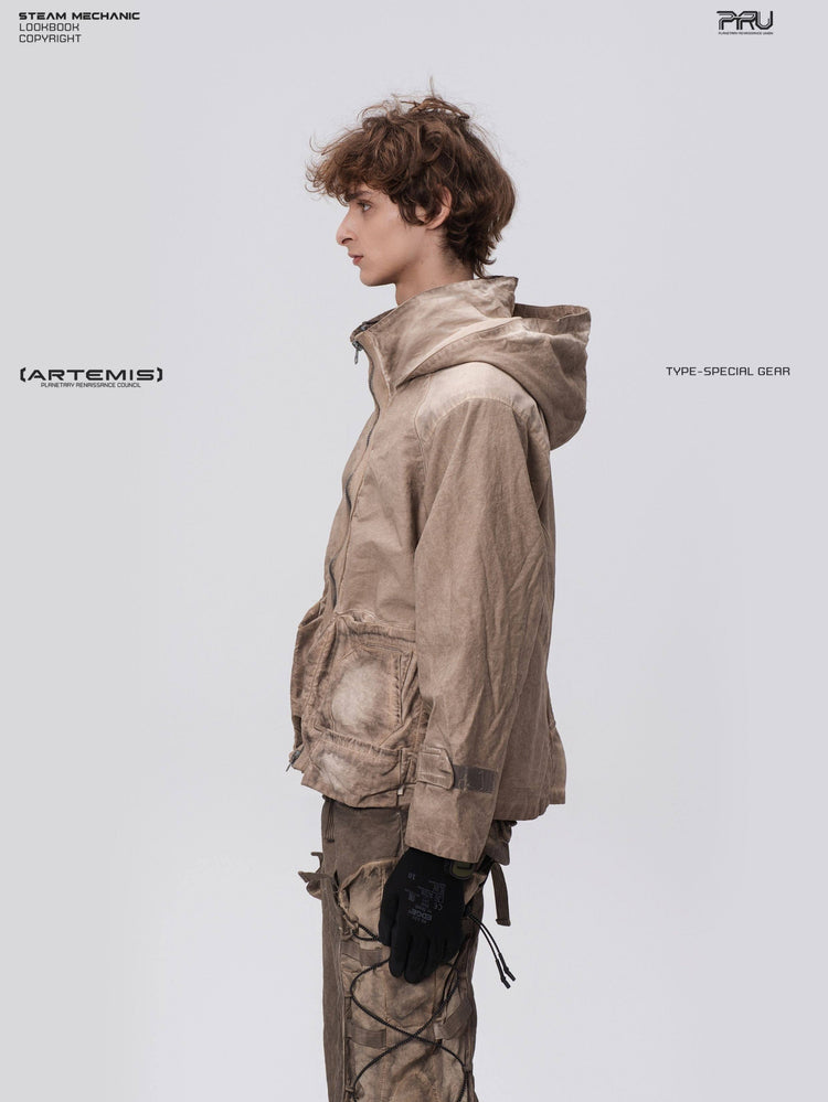 STARCORE distressed work jacket in gravel brown — side modeled close-up showing the hood and adjustable cuff