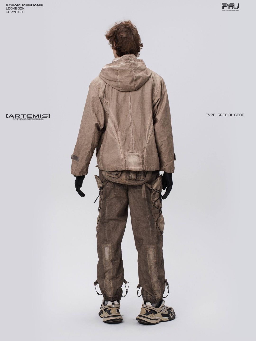 STARCORE distressed work jacket in gravel brown — full-length back modeled view