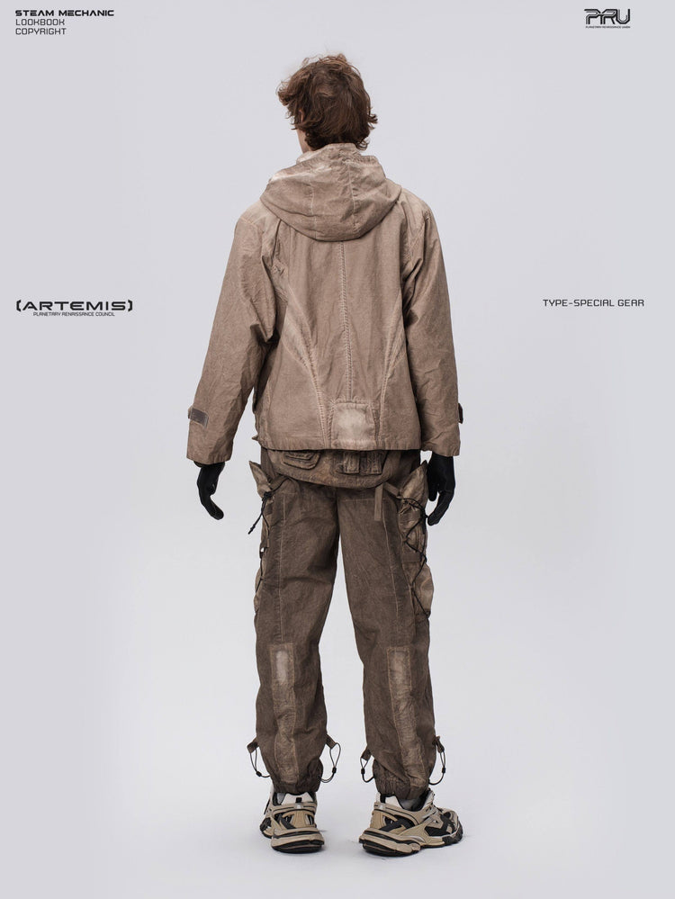 STARCORE distressed work jacket in gravel brown — full-length back modeled view