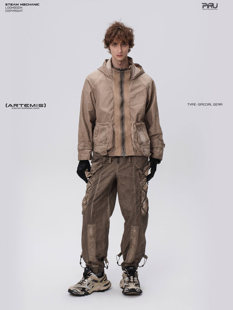 STARCORE distressed work jacket in gravel brown — full-length front modeled view