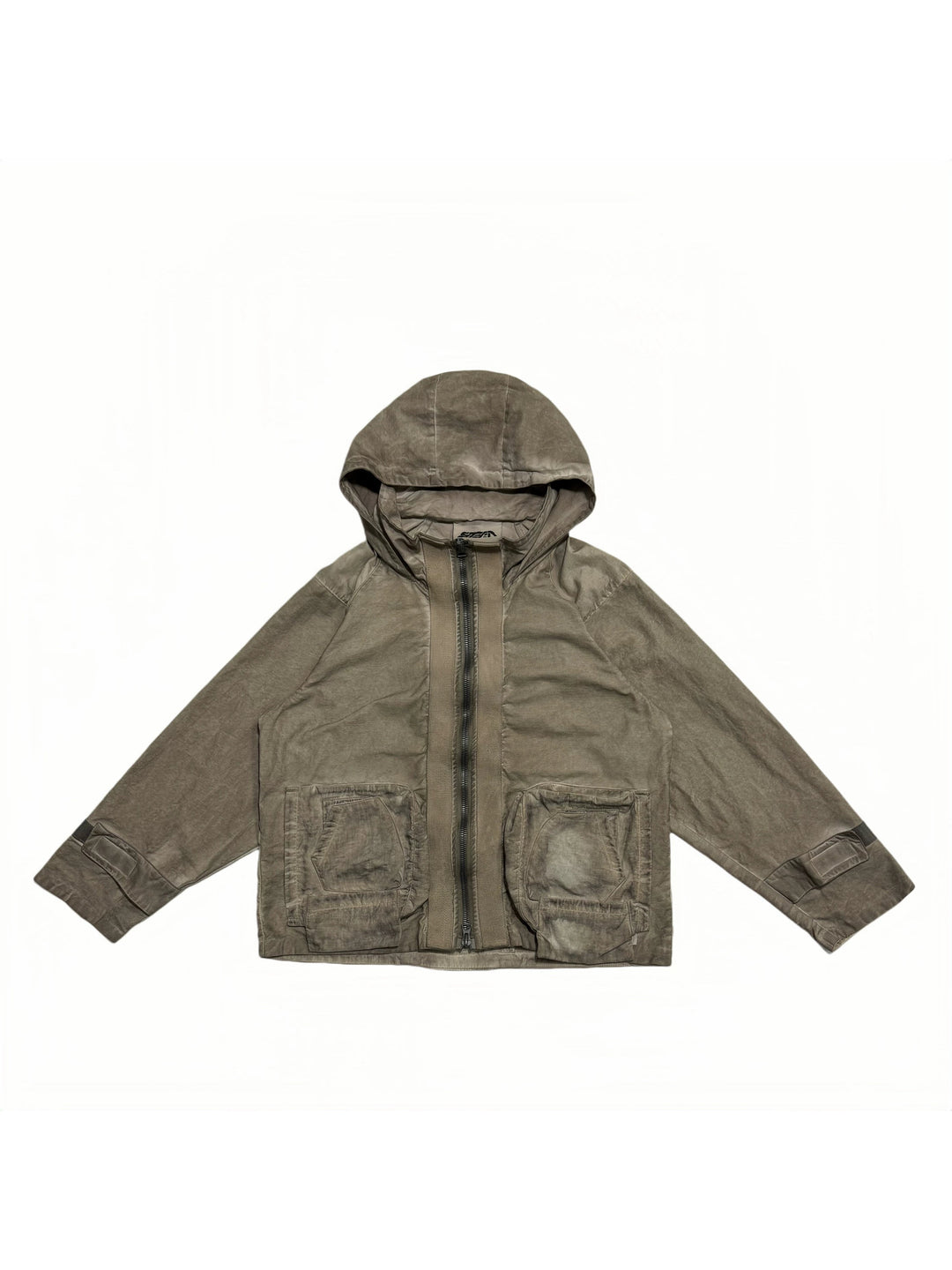 STARCORE distressed work jacket in gravel brown — front garment-only view showing the integrated hood and layered pockets
