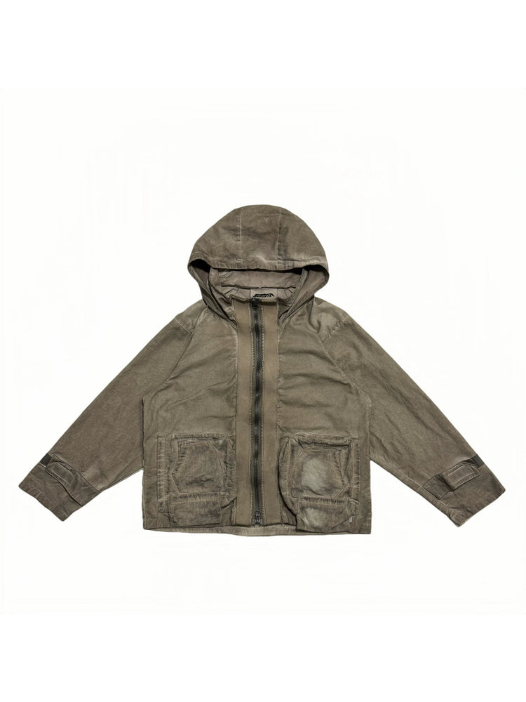STARCORE distressed work jacket in gravel brown — front garment-only view showing the integrated hood and layered pockets