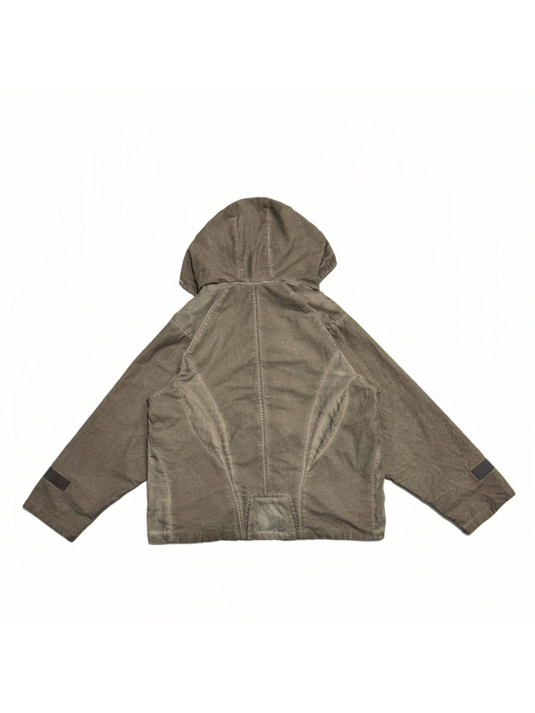 STARCORE distressed work jacket in gravel brown — back garment-only view showing the geometric panel construction