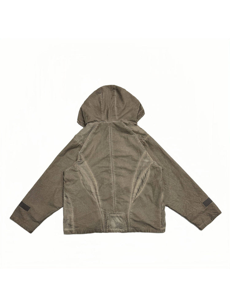 STARCORE distressed work jacket in gravel brown — back garment-only view showing the geometric panel construction