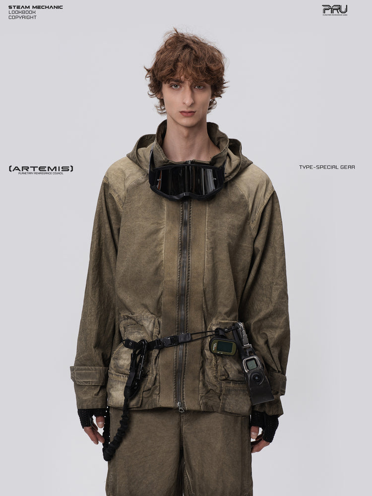 STARCORE distressed work jacket in lunar soil green — front modeled close-up showing zip front and layered waist pockets