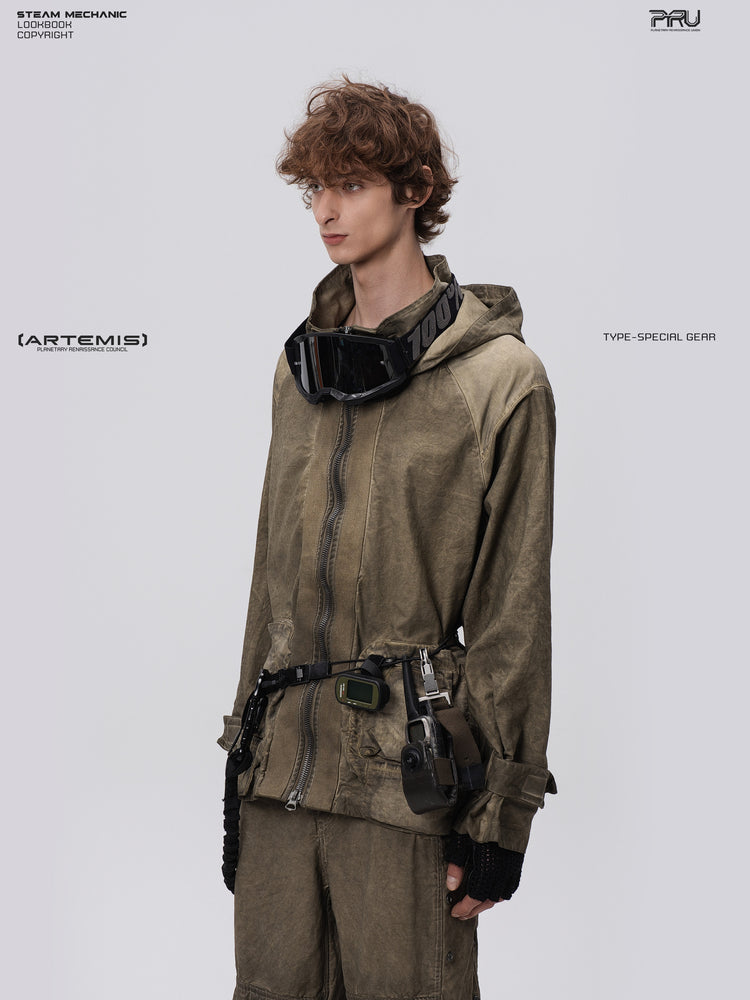STARCORE distressed work jacket in lunar soil green — three-quarter modeled close-up showing washed finish and hood