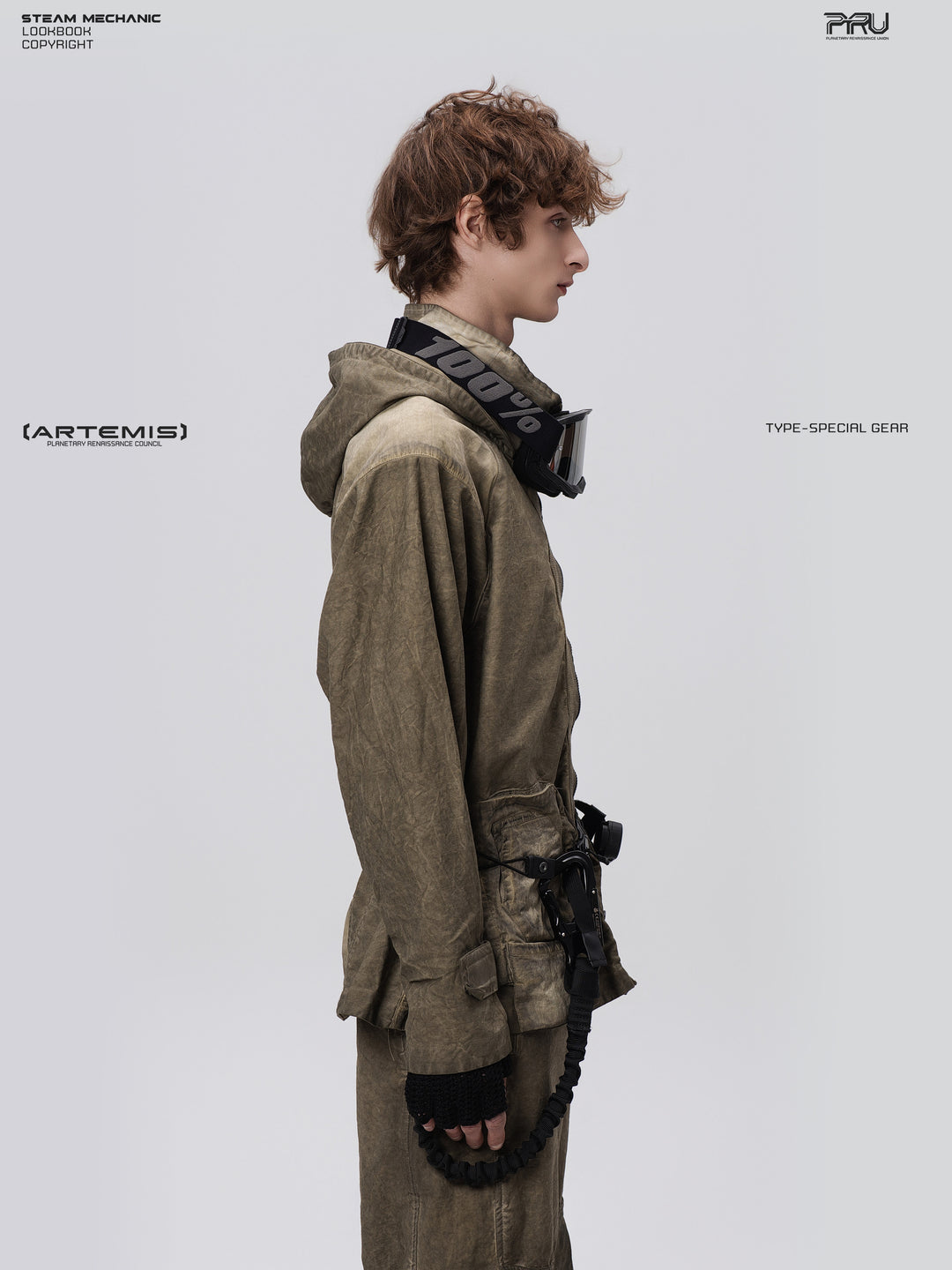 STARCORE distressed work jacket in lunar soil green — side modeled close-up showing relaxed sleeve and cuff