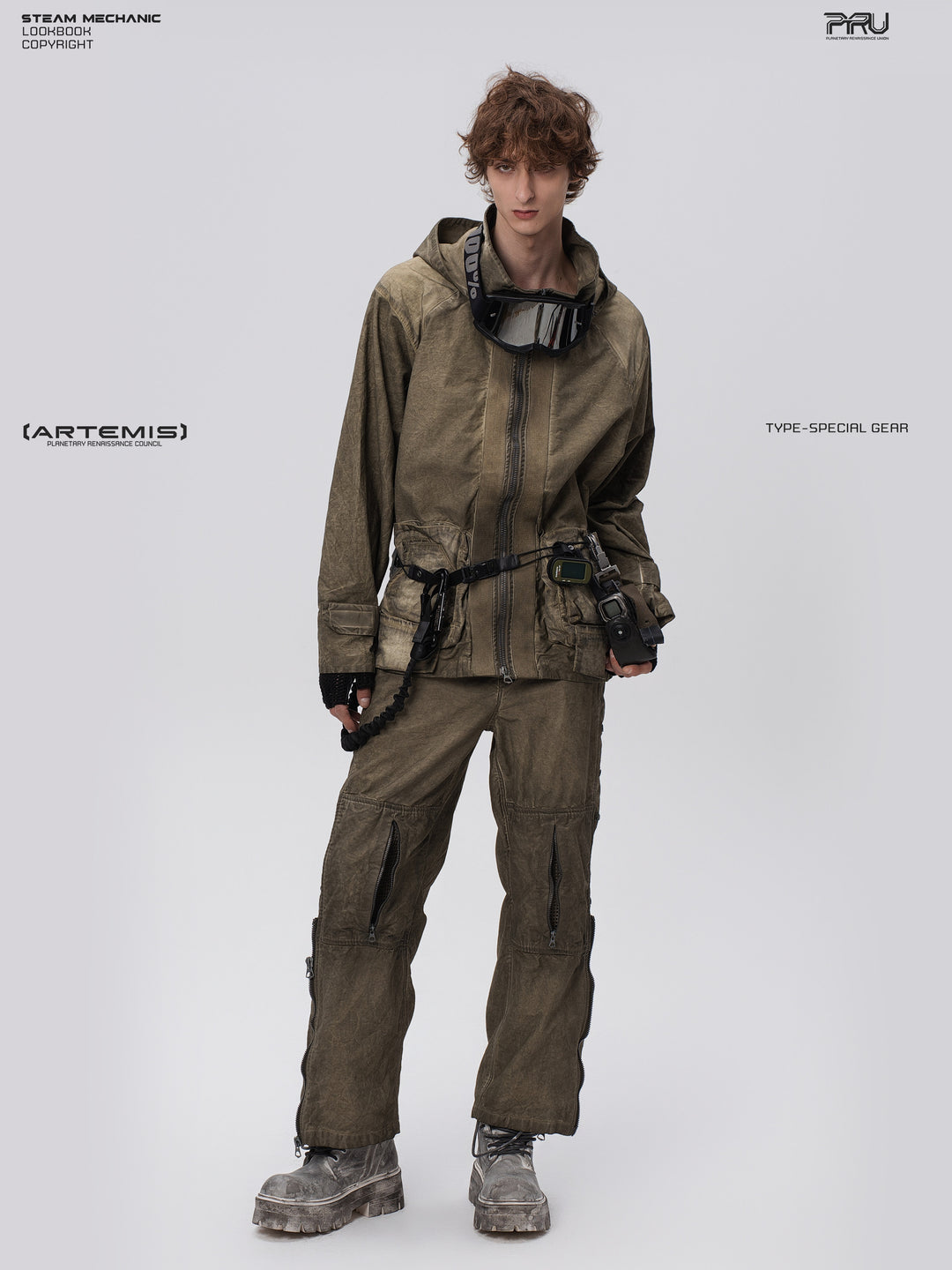 STARCORE distressed work jacket in lunar soil green — full-length front modeled view with matching trousers