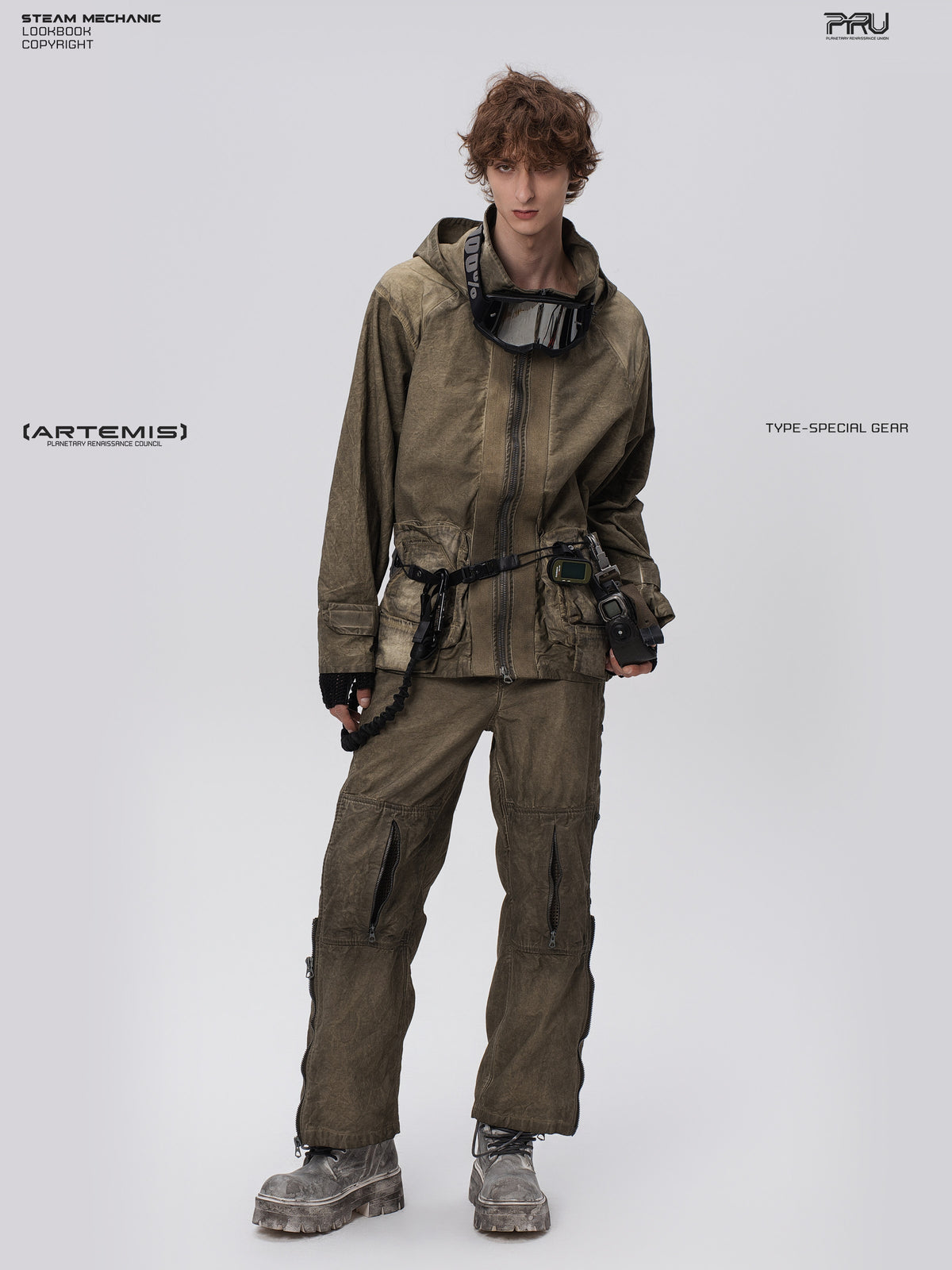 STARCORE distressed work jacket in lunar soil green — full-length front modeled view with matching trousers