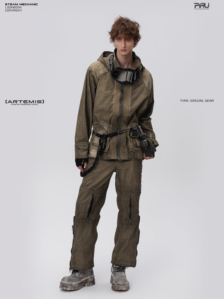 STARCORE distressed work jacket in lunar soil green — full-length front modeled view with matching trousers