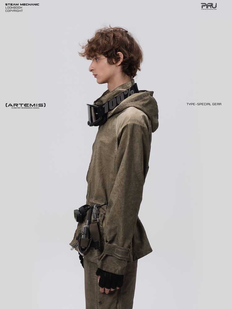STARCORE distressed work jacket in lunar soil green — alternate side modeled close-up showing the hood profile