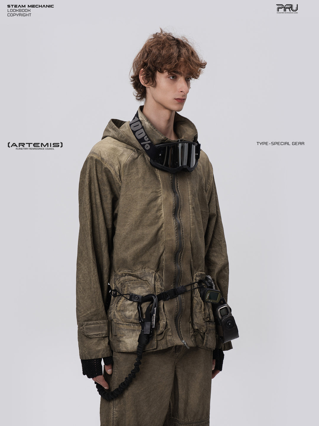STARCORE distressed work jacket in lunar soil green — three-quarter modeled close-up showing collar and pocket construction
