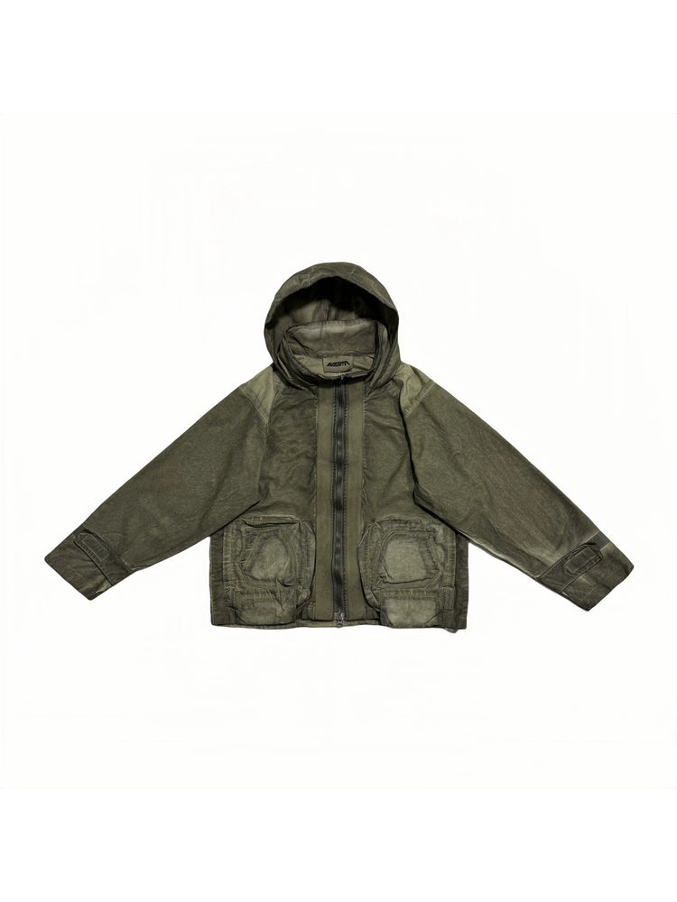 STARCORE distressed work jacket in lunar soil green — front garment-only view showing washed green finish, hood and layered pockets