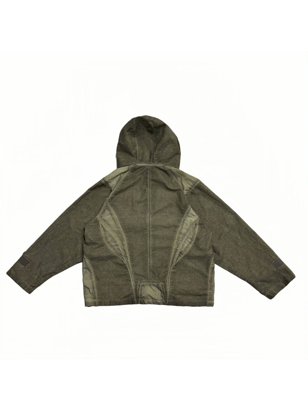 STARCORE distressed work jacket in lunar soil green — back garment-only view showing geometric contrast panels