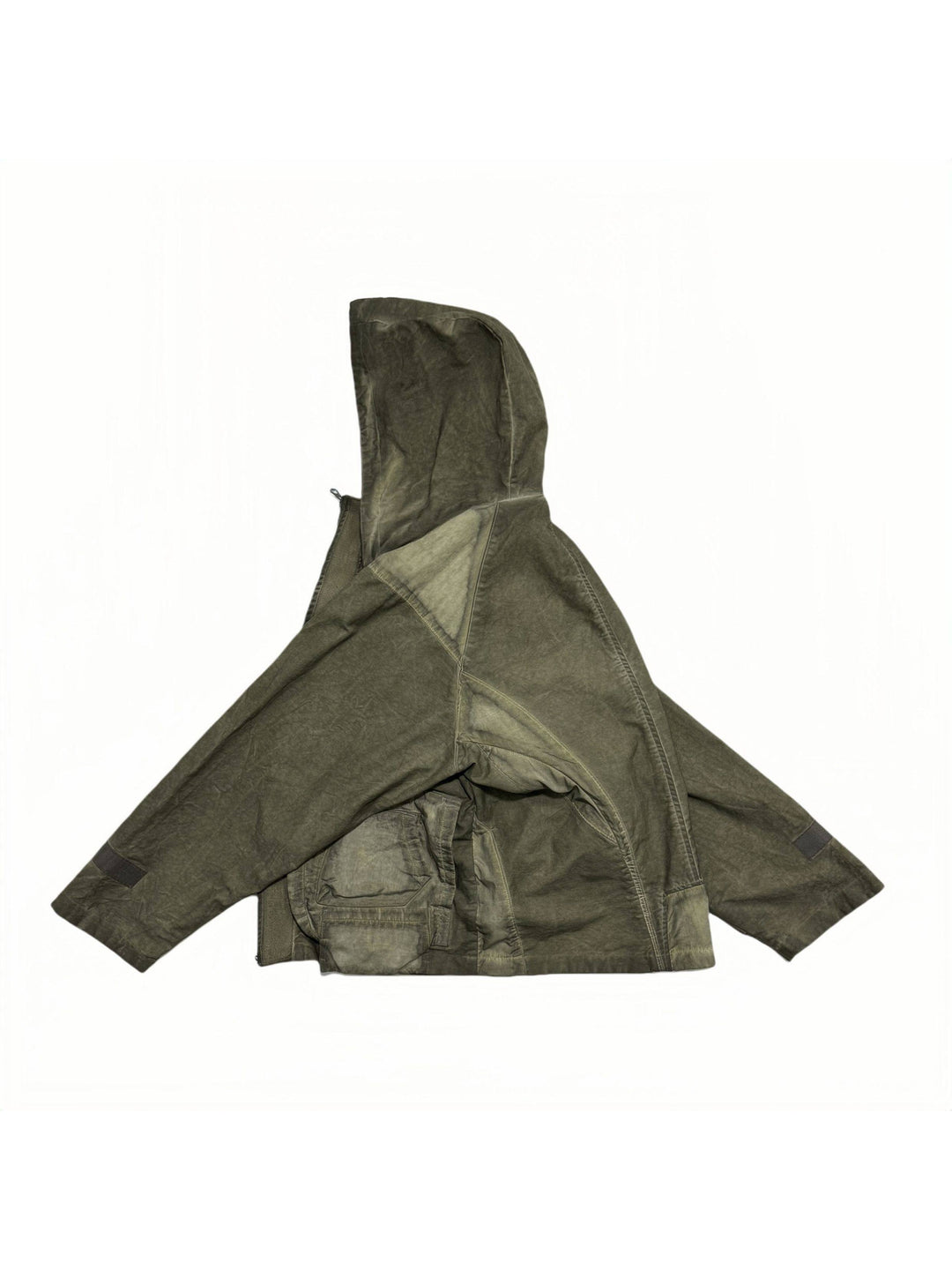 STARCORE distressed work jacket in lunar soil green — side garment-only view showing the hood and pocket depth
