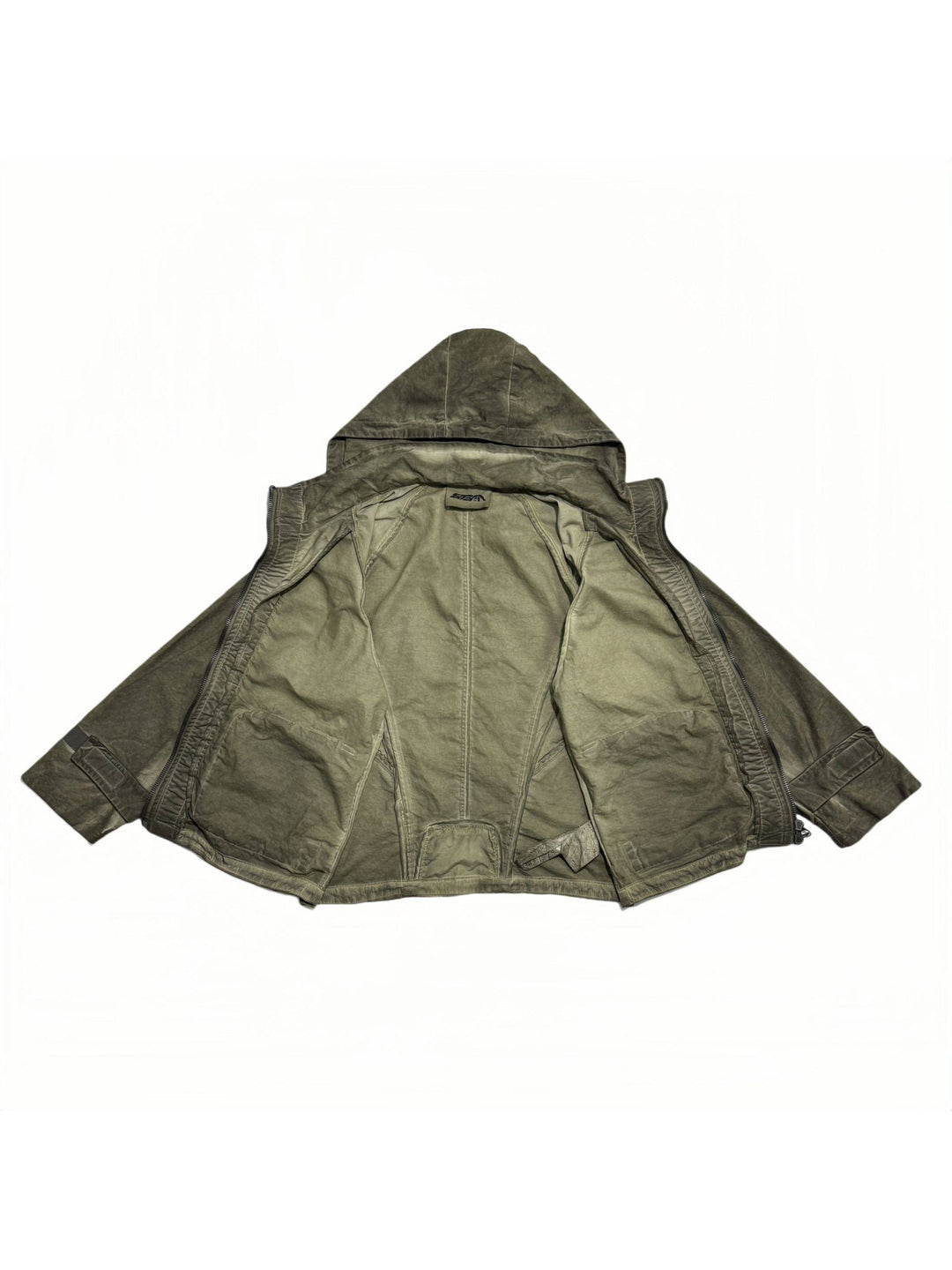 STARCORE distressed work jacket in lunar soil green — open-front garment-only view showing interior construction