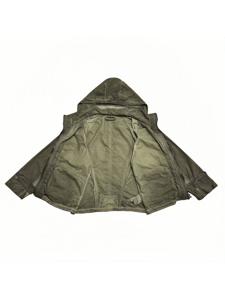 STARCORE distressed work jacket in lunar soil green — open-front garment-only view showing interior construction