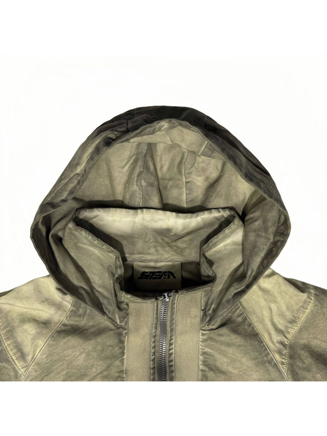 STARCORE distressed work jacket in lunar soil green — close-up of the hood and inner collar