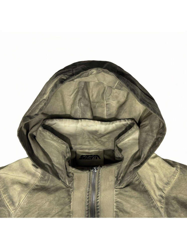 STARCORE distressed work jacket in lunar soil green — close-up of the hood and inner collar