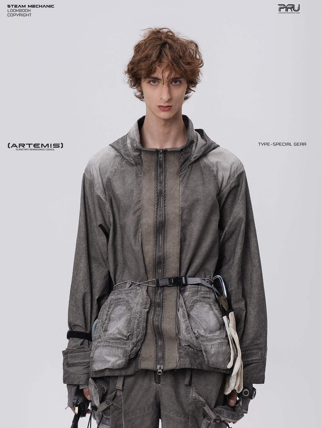 STARCORE meteor gray distressed work jacket — front modeled close-up showing zip front and layered waist pockets