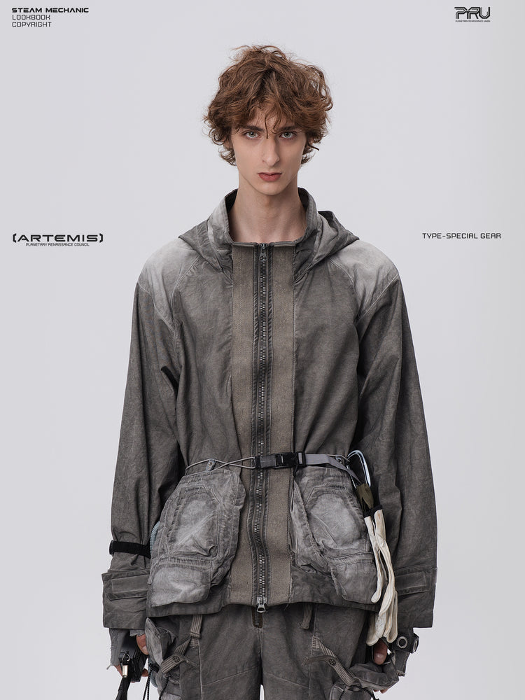 STARCORE meteor gray distressed work jacket — front modeled close-up showing zip front and layered waist pockets