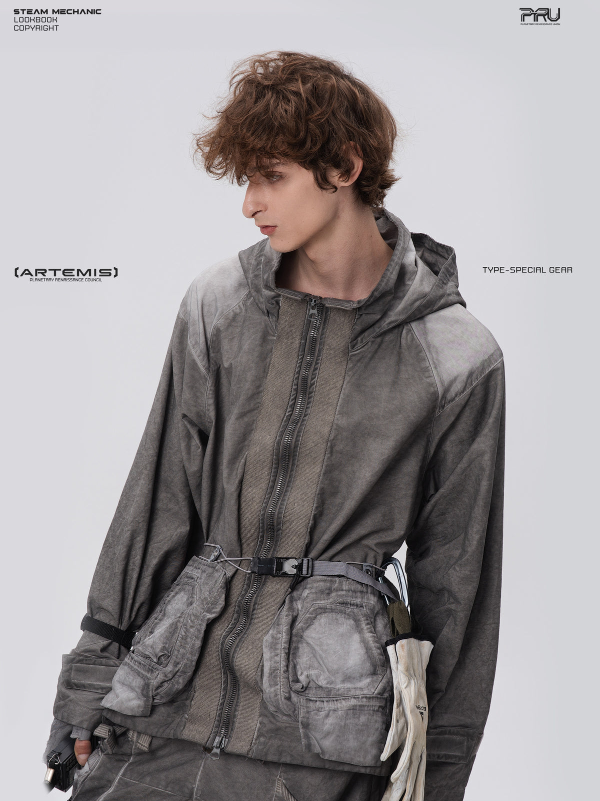 STARCORE meteor gray distressed work jacket — three-quarter modeled close-up showing distressed gray finish