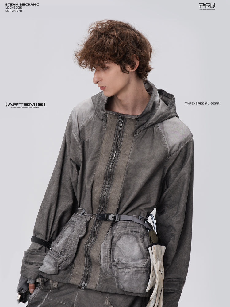 STARCORE meteor gray distressed work jacket — three-quarter modeled close-up showing distressed gray finish