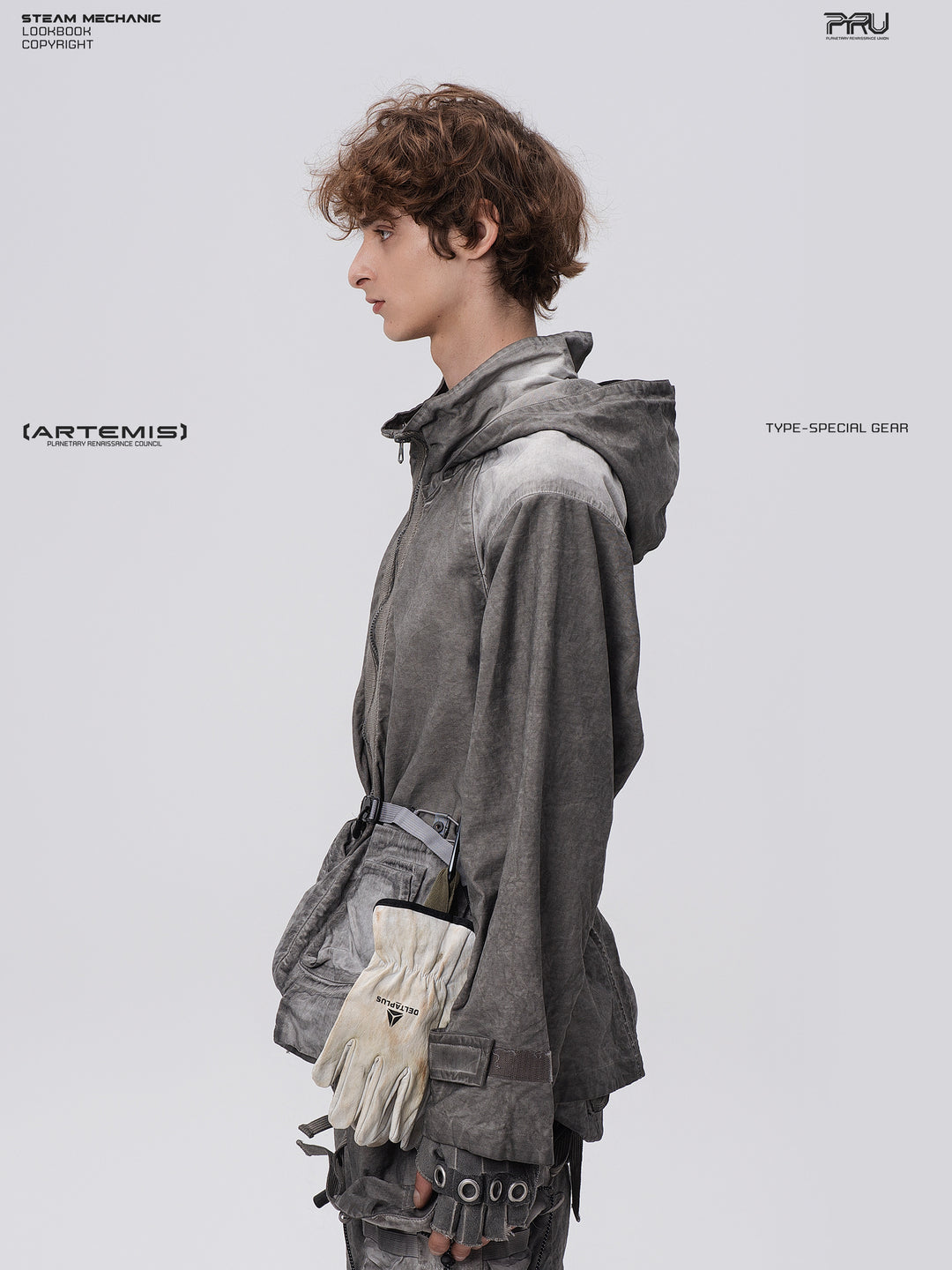 STARCORE meteor gray distressed work jacket — side modeled close-up showing hood and cuff