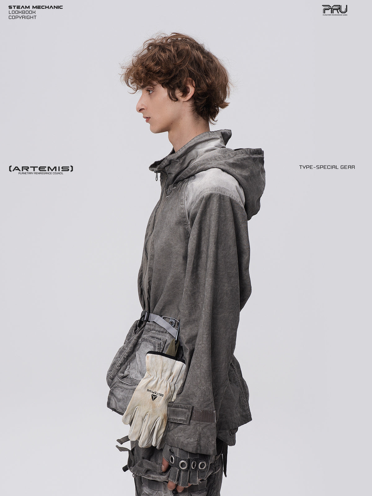 STARCORE meteor gray distressed work jacket — side modeled close-up showing hood and cuff