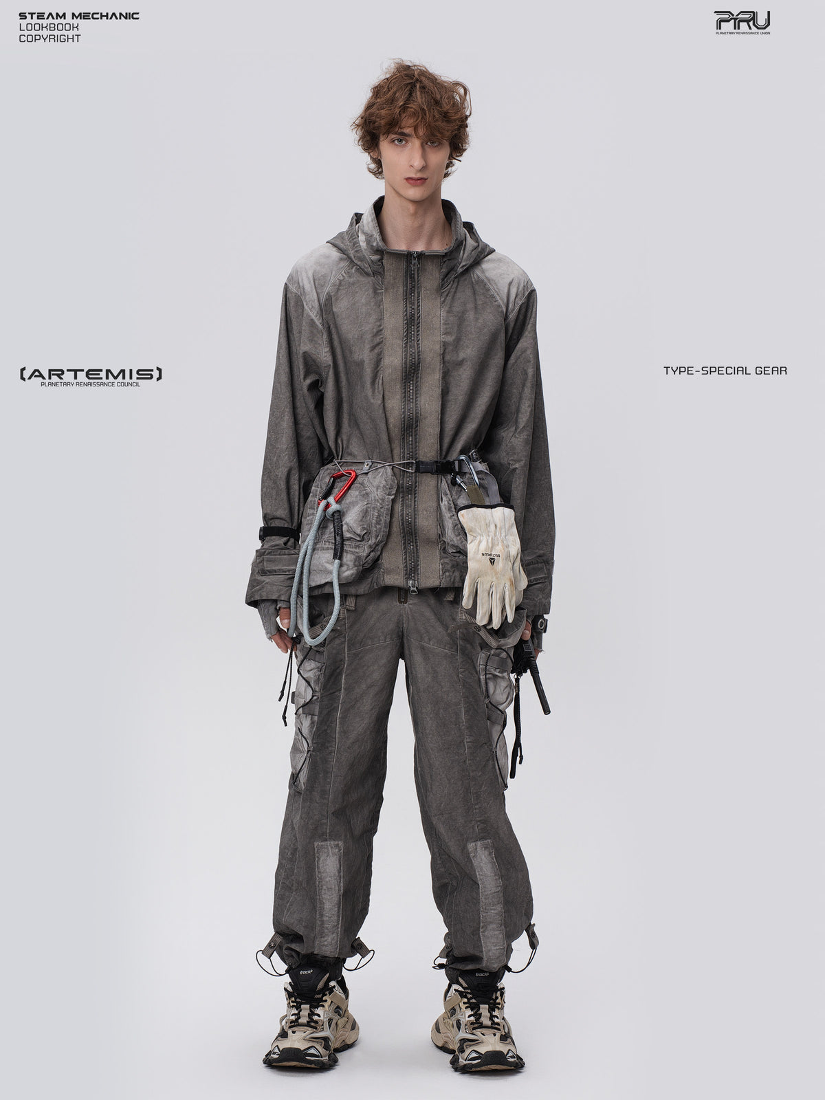 STARCORE meteor gray distressed work jacket — full-length front modeled view with matching trousers