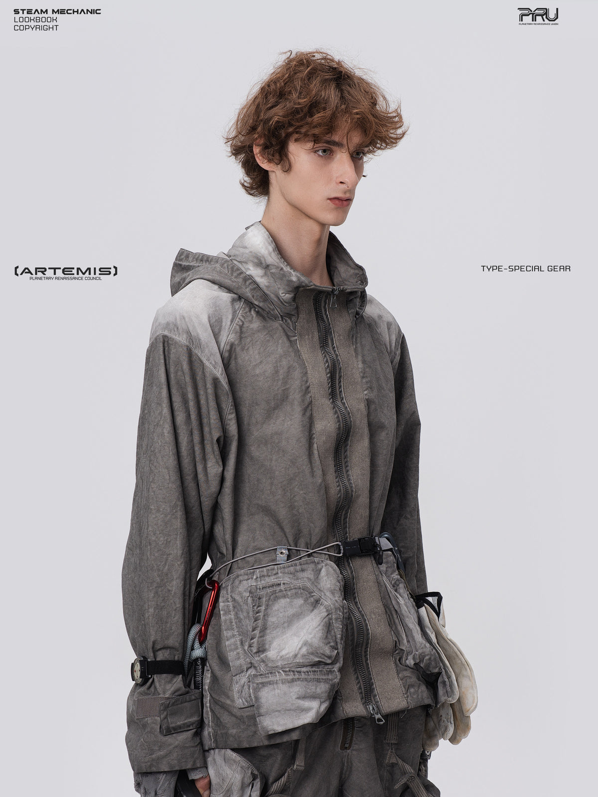 STARCORE meteor gray distressed work jacket — three-quarter modeled view showing layered front pockets