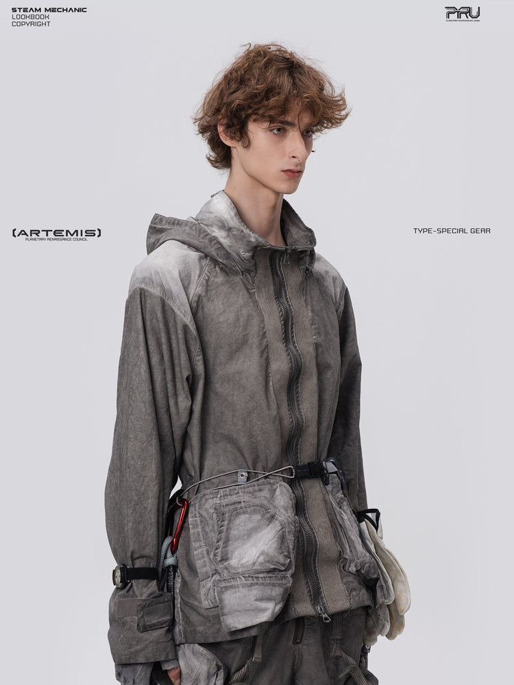 STARCORE meteor gray distressed work jacket — three-quarter modeled view showing layered front pockets