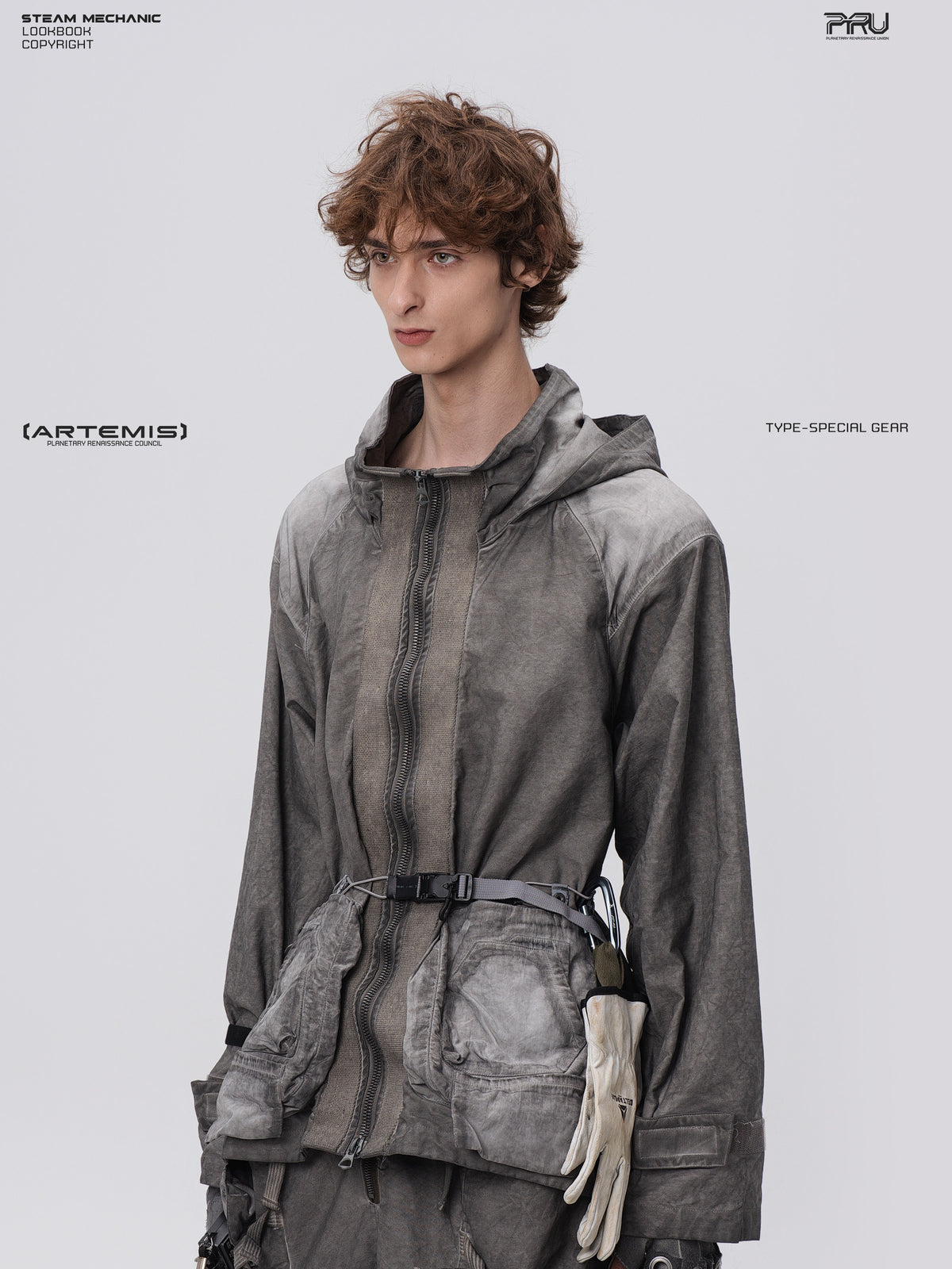STARCORE meteor gray distressed work jacket — alternate three-quarter modeled view showing collar and sleeve