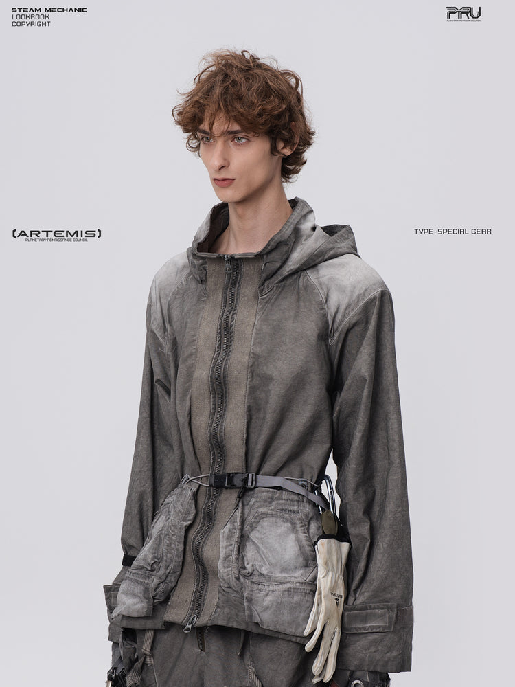 STARCORE meteor gray distressed work jacket — alternate three-quarter modeled view showing collar and sleeve