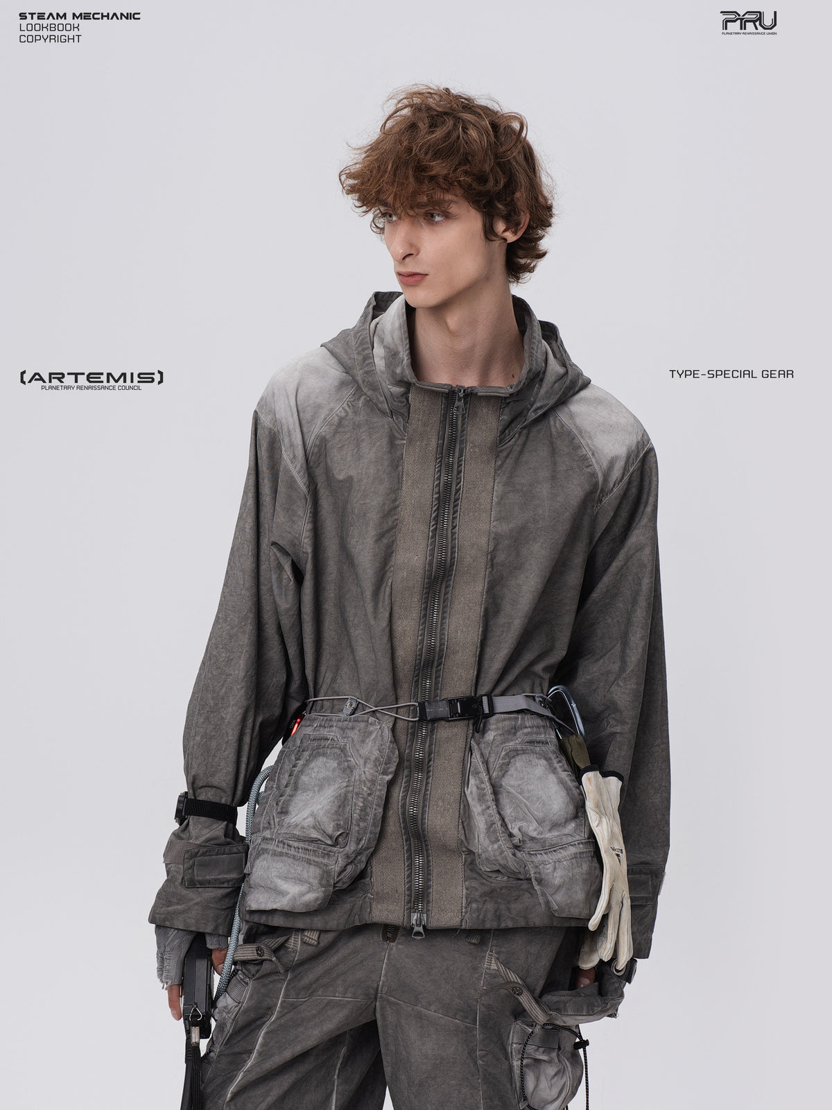 STARCORE meteor gray distressed work jacket — front modeled view with one hand in trouser pocket