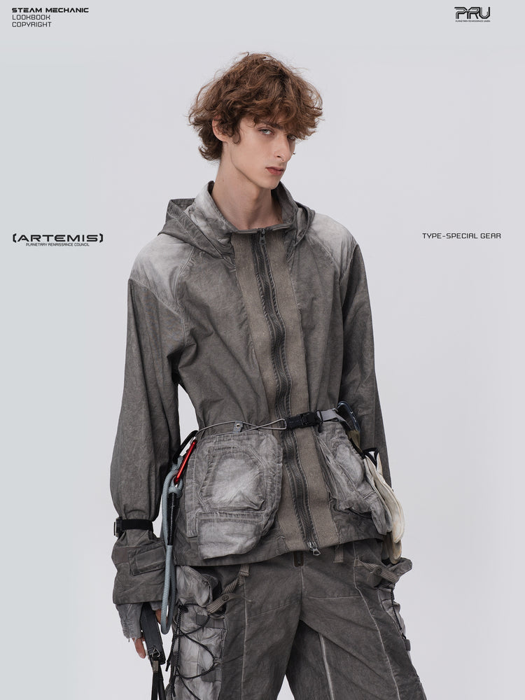 STARCORE meteor gray distressed work jacket — angled front modeled view showing pocket and hood construction