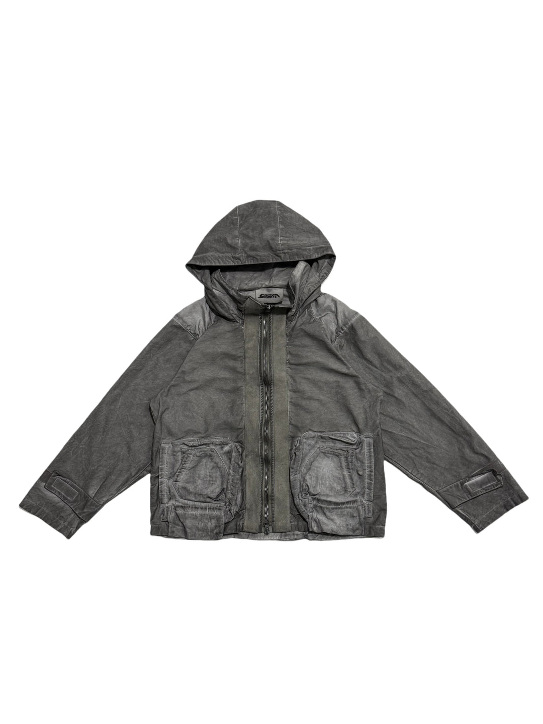 STARCORE meteor gray distressed work jacket — front garment-only view showing washed gray finish, hood and layered pockets