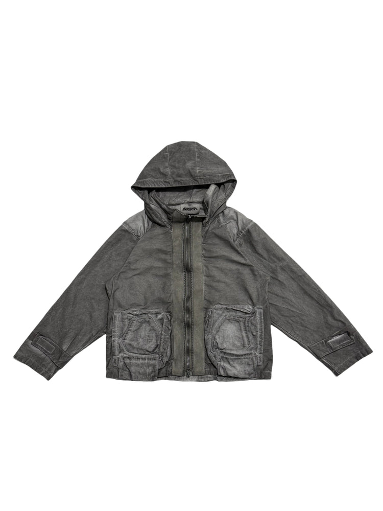 STARCORE meteor gray distressed work jacket — front garment-only view showing washed gray finish, hood and layered pockets