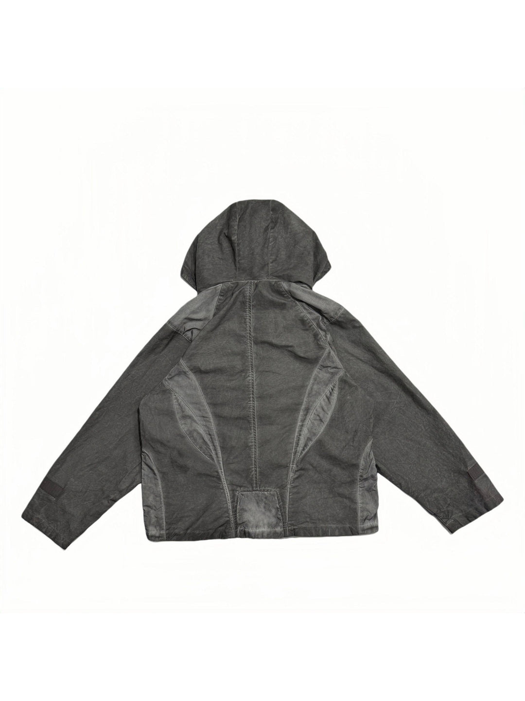 STARCORE meteor gray distressed work jacket — back garment-only view showing geometric contrast panels